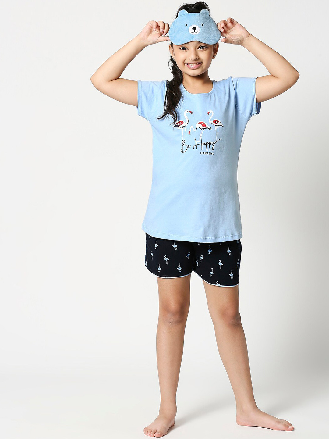 Zeyo Girls Blue & Black Flamingo Printed Cotton Night Suit