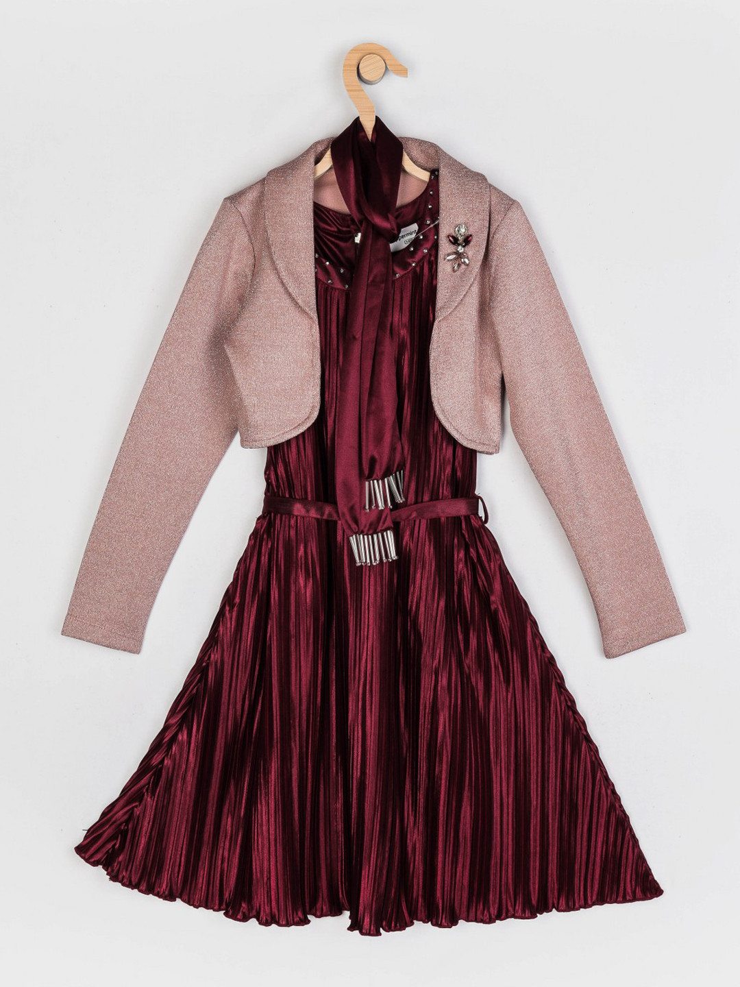 Peppermint Maroon Girls Satin Dress With Contrast Embellished Jacket & Maroon Scarf Set