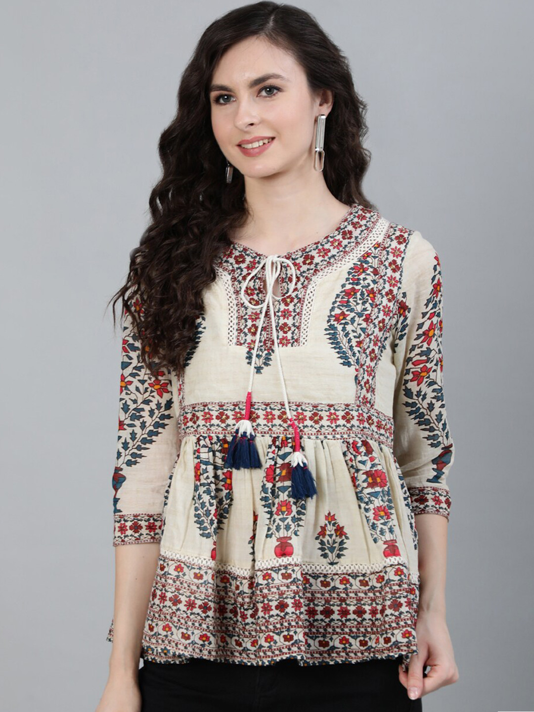 Ishin Off White & Red Floral Tie-Up Neck Applique Empire Top
