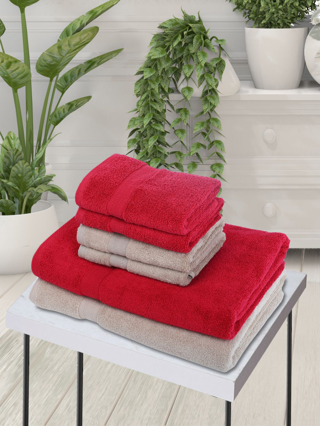 BIANCA Red & Beige 6-Pieces Solid 500 GSM Bath & Hand Towel Set
