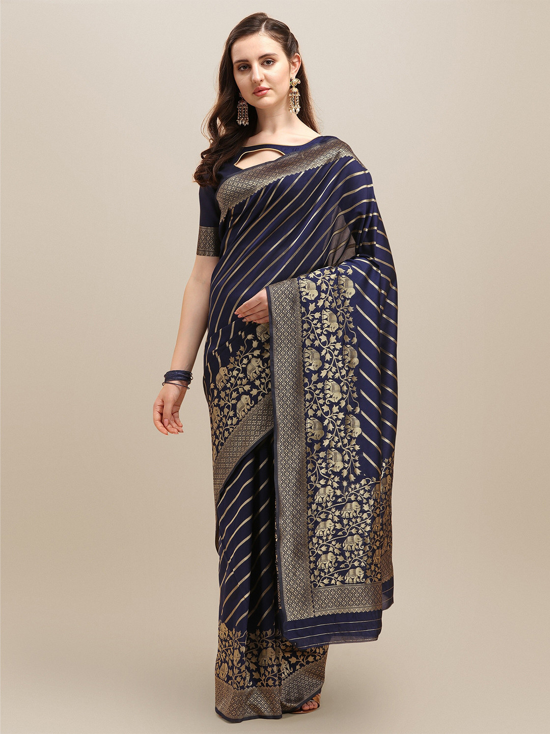 RAJGRANTH Navy Blue & Gold-Toned Striped Silk Cotton Banarasi Saree