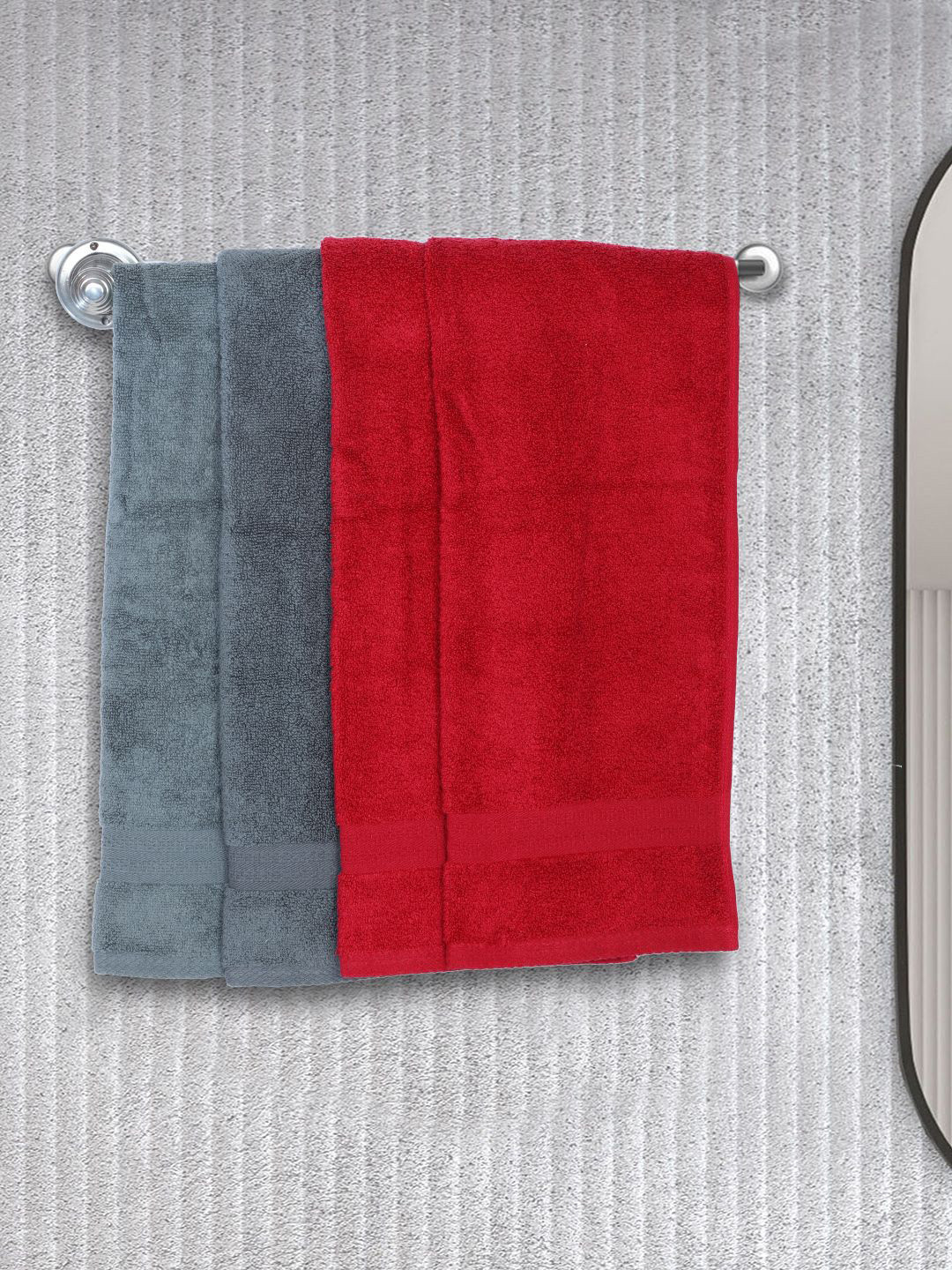 BIANCA Red & Grey Set of 4 Solid 500 GSM Cotton Hand Towels