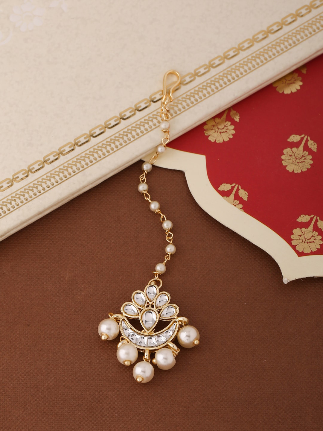 Shoshaa Gold-Plated White Stone-Studded & Beaded Handcrafted Maang Tikka