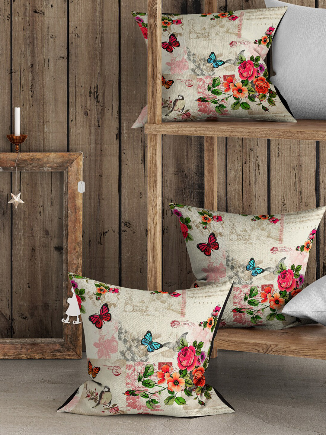 BIANCA animal Off White Floral Polyester HD Digital 3 Piece Square Cushion Covers -16x16In