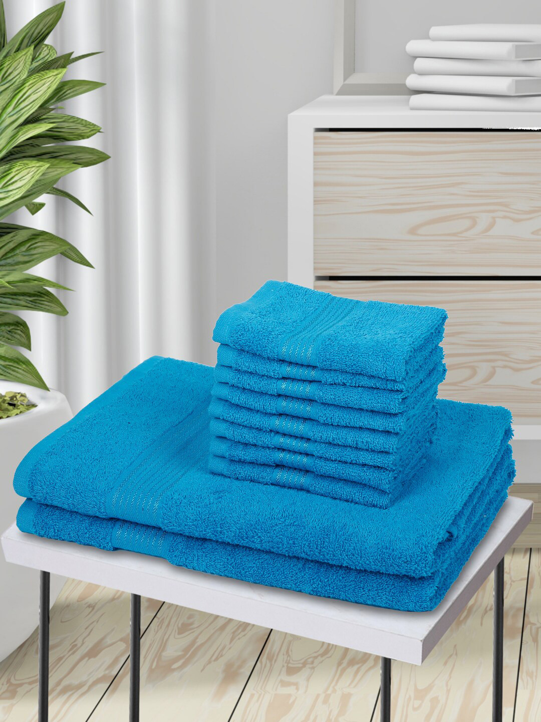 KOPA Unisex Set Of 10 Turquoise Blue Solid 380 GSM Pure Cotton Towels Set