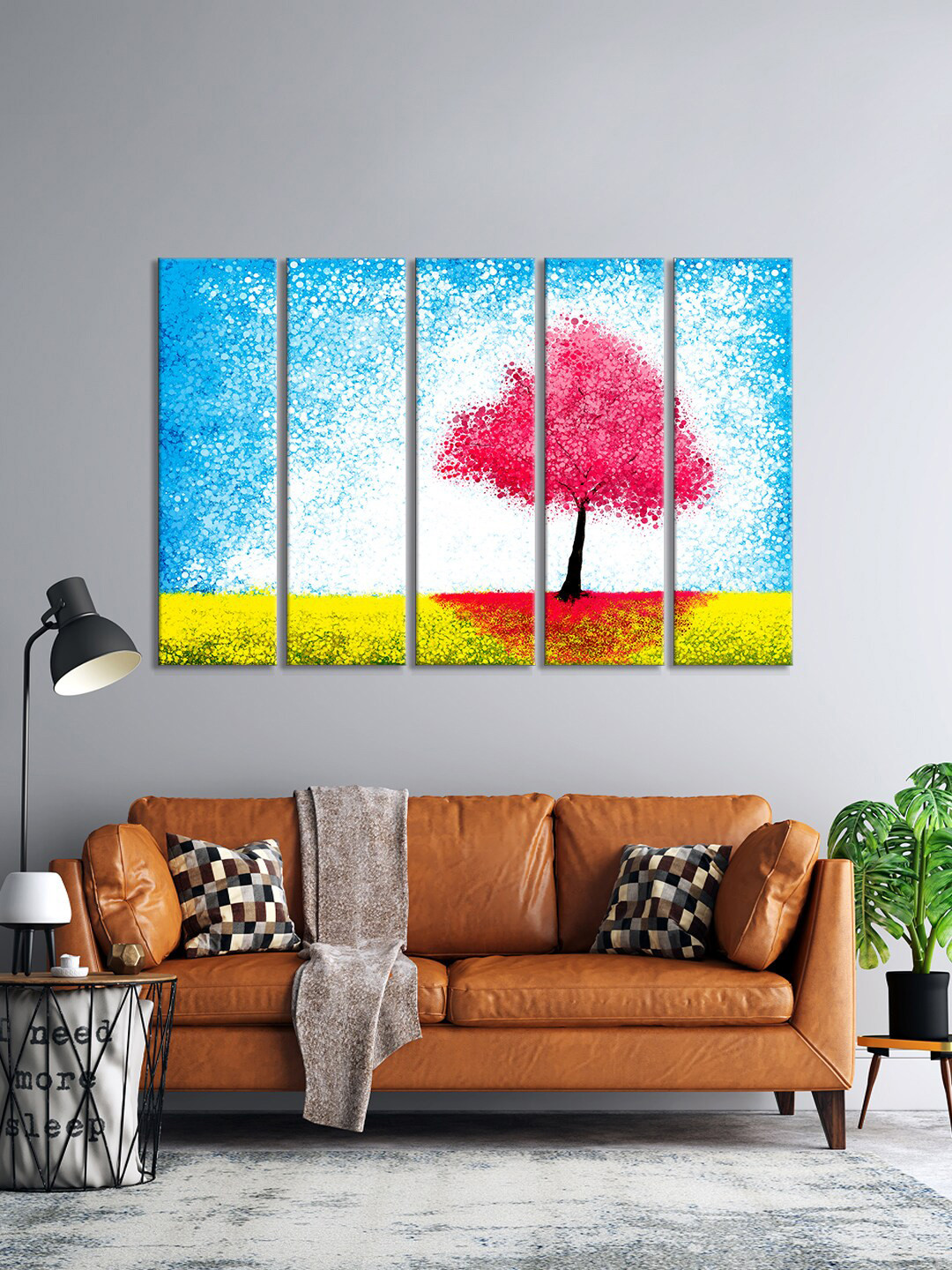 999Store Set Of 5 Blue & Pink Tree Meadow With Grass View Wall Art Frames
