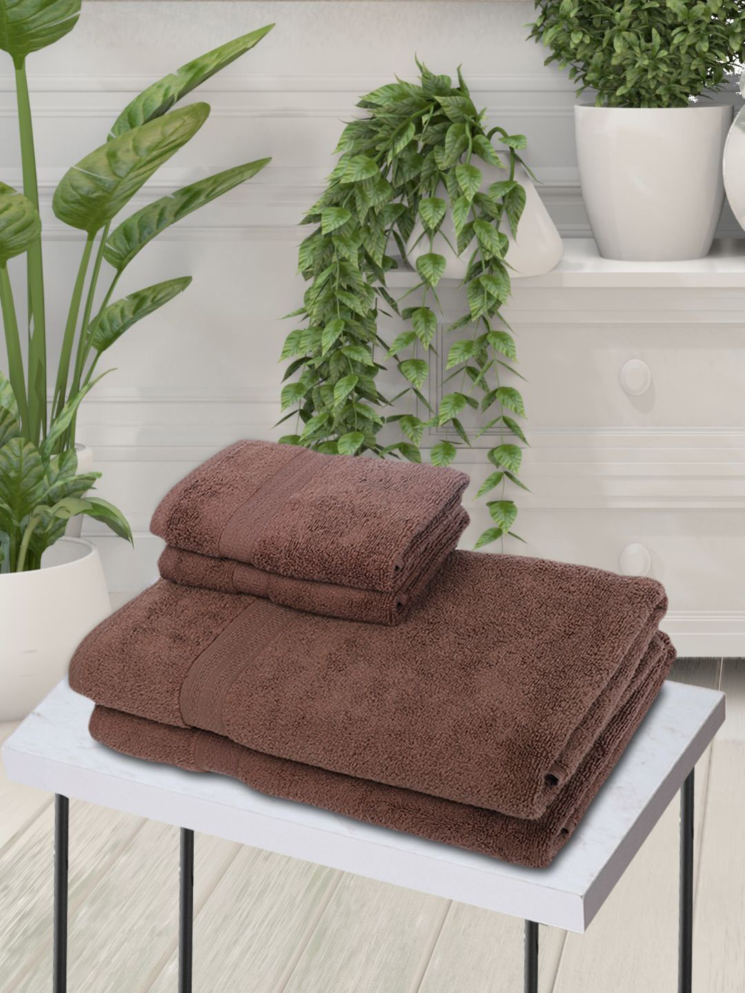 BIANCA Set Of 4 Brown Solid Zero-Twist Pure Cotton 500 GSM Towel Set