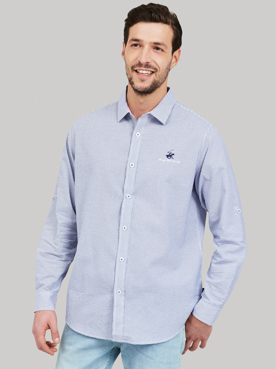 Beverly Hills Polo Club Men Blue Grid Checked Cotton Roll-Up Sleeve Casual Shirt