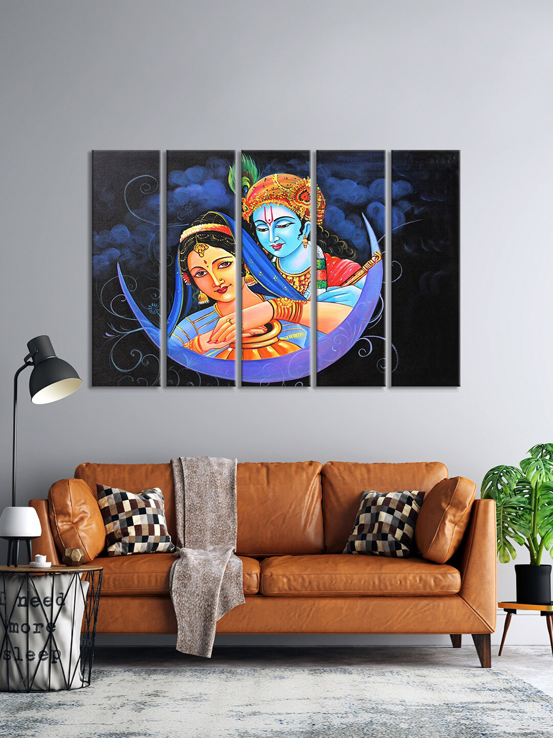 999Store Set Of 5 Blue & Black Radha Krishna Printed Wall Paintings