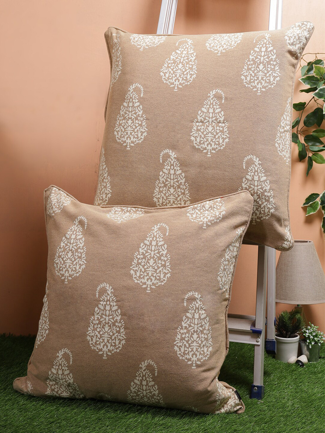 Soumya Beige Ethnic Motifs Cotton Breathable 2 Piece Square Cushion Covers -24x24In