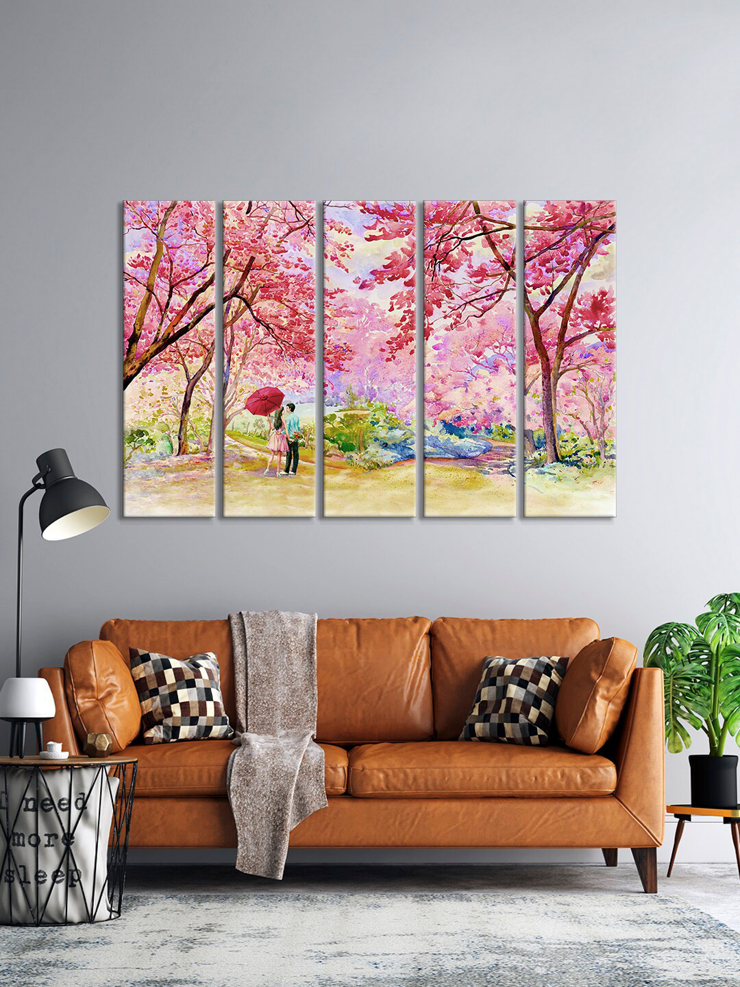 999Store Pink MDF 5 Pcs Wall Living Room Rectangle Paintings Wall Art -29.92 x 10.24In