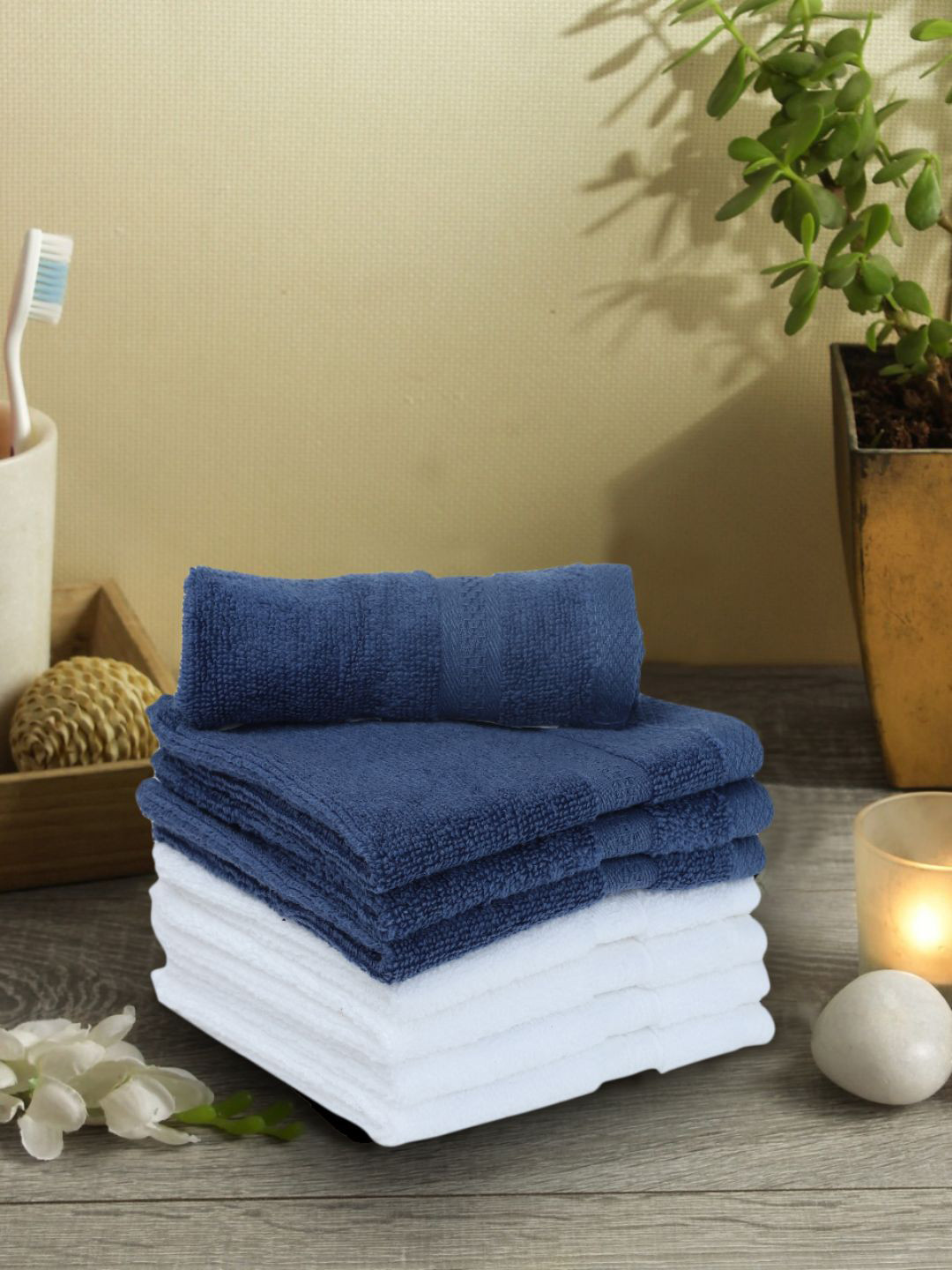 BIANCA White & Navy Blue Set of 8 Solid 500 GSM Cotton Face Towels