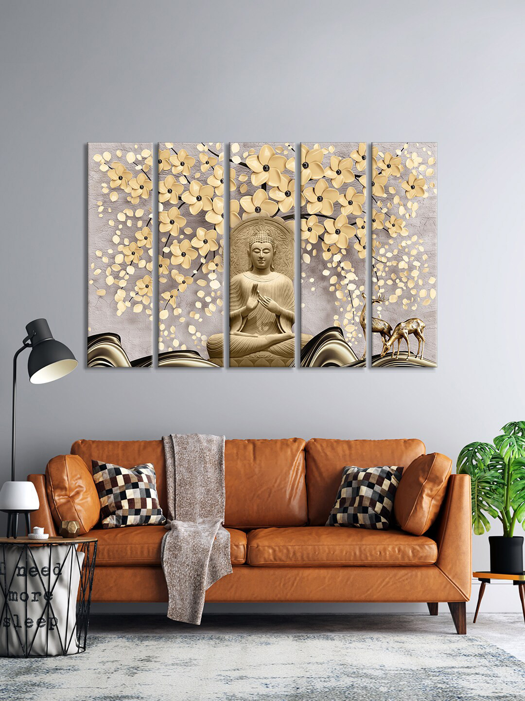 999Store Buddha With Flowers MDF 5 Piece Wall Rectangle Paintings Wall Art- 29.9 x 10.2 In