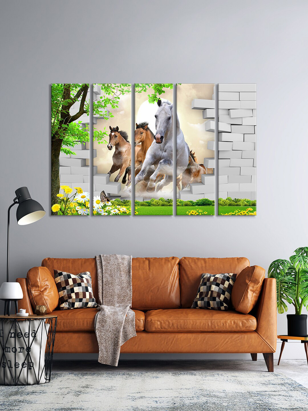 999Store Set Of 5 White & Green White Horses Running Wall Art Frames