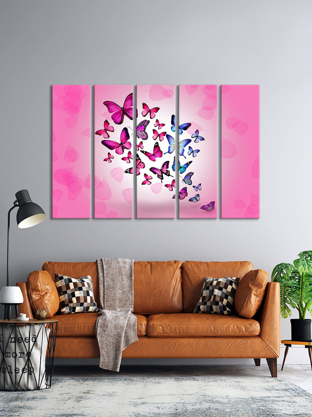 999Store Set Of 5 Pink & Blue Butterfly Printed Wall Paintings