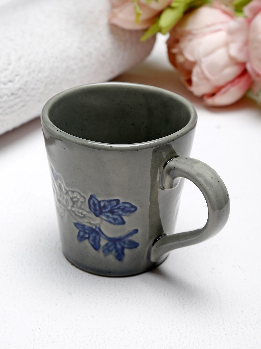 Fabindia Grey Floral Ceramic Handmade Mug-300ml
