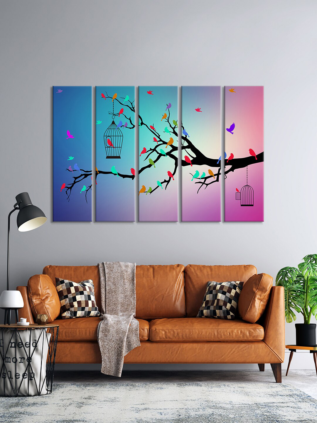 999Store Set Of 5 Blue & Purple Tree With Leaves & Birds On The Branches Cage Wall Art Frames