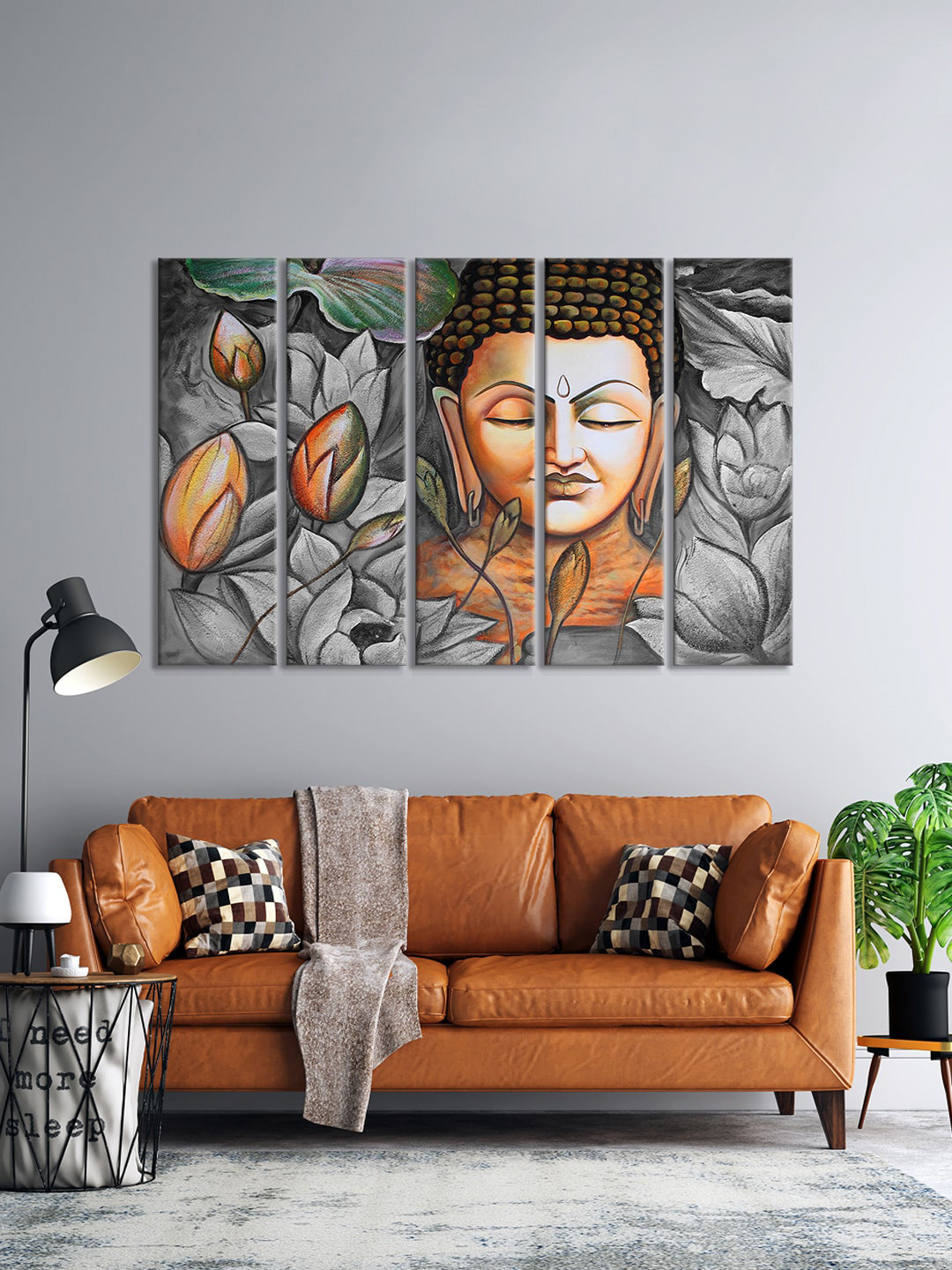 999Store Set Of 5 Grey & Brown Buddha Face With Flowers Printed Wall Paintings