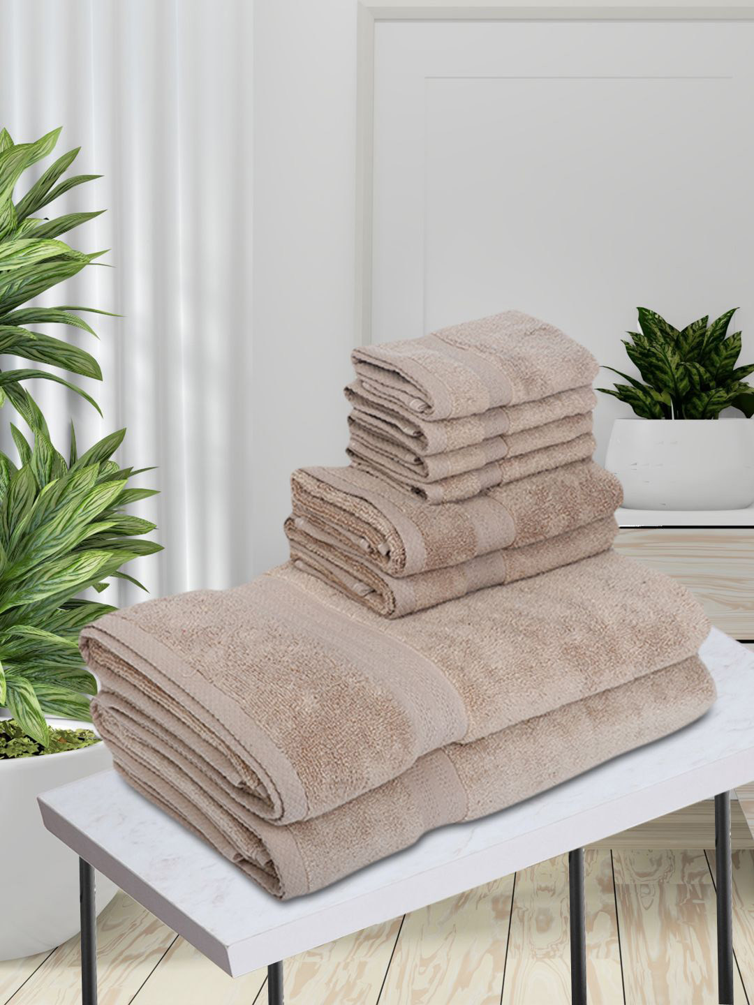 BIANCA Set Of 8 Taupe Solid 380 GSM Pure Combed Cotton Terry Towels