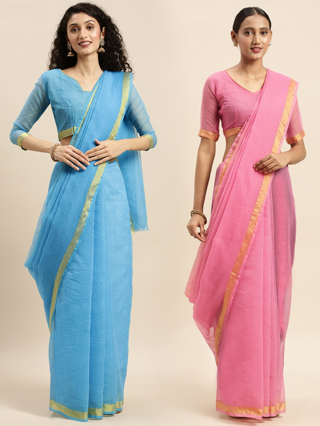 KALINI Pack Of 2 Blue & Pink Solid Art Silk Sarees