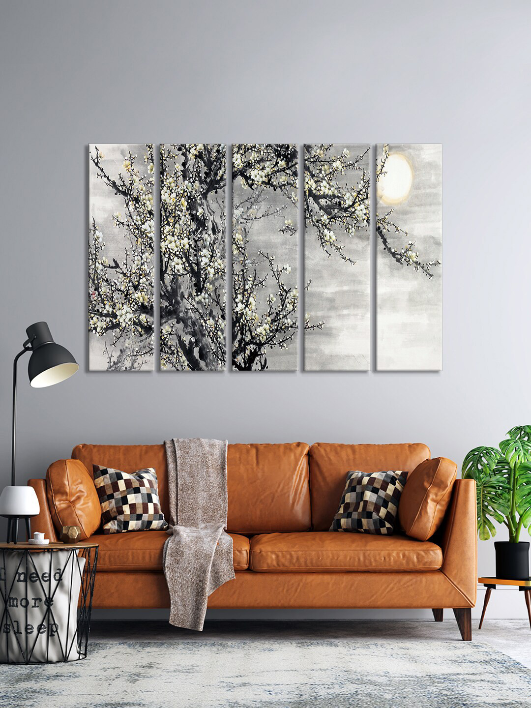 999Store Set Of 5 Grey & White Beautiful Sun With Tree Nature Gu Bed Wall Art Frames