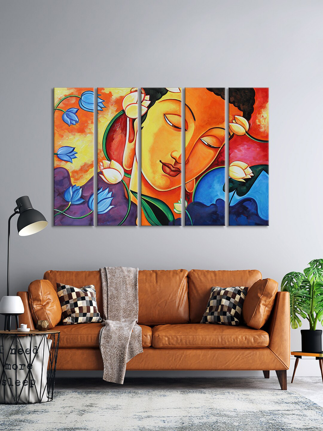 999Store Set Of 5 Yellow & Orange Buddha Face With Louts Flowers Wall Art Frames