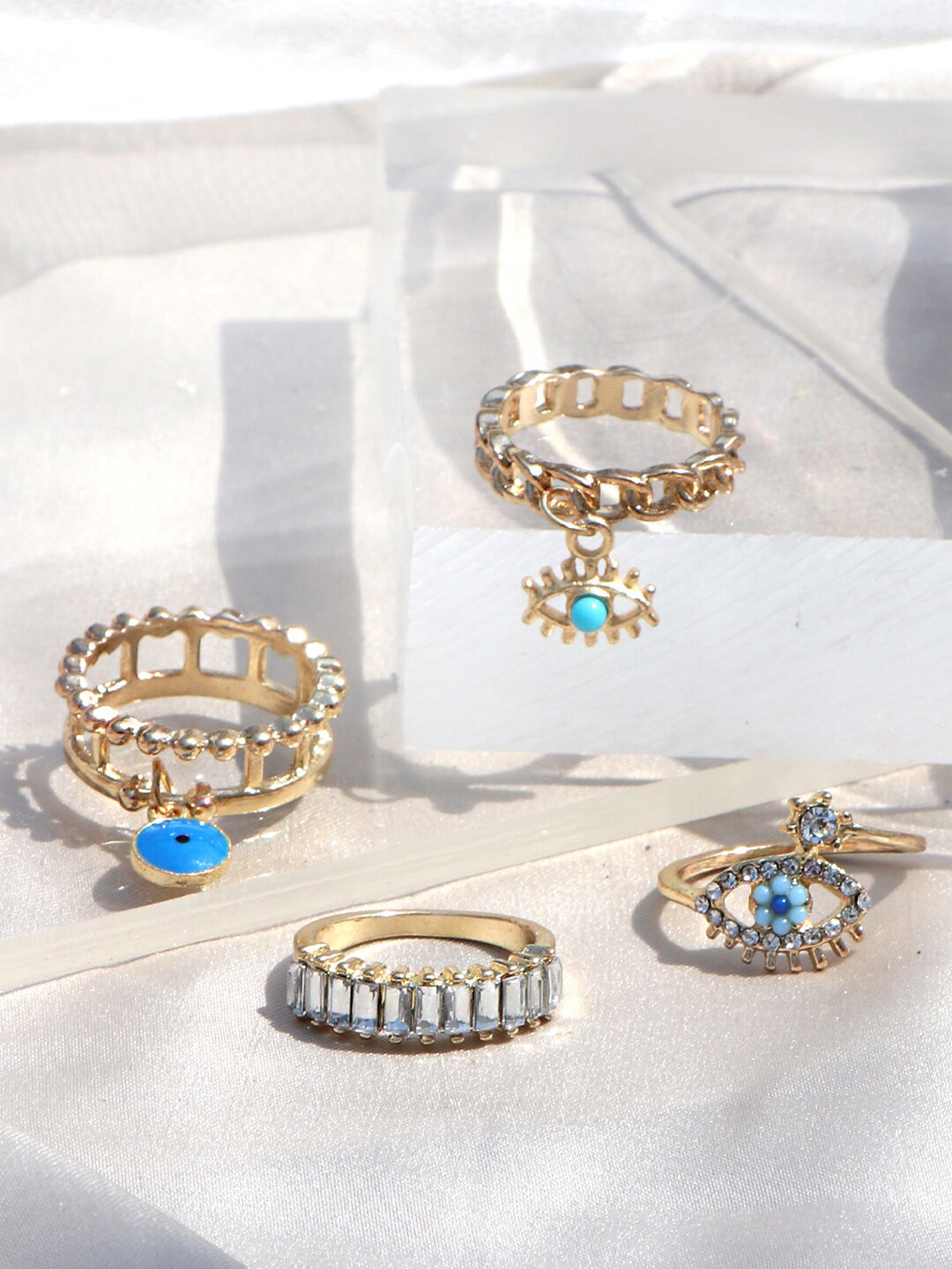 JOKER & WITCH Set Of 4 Gold-Plated Blue & White Stone-Studded Evil Eye Finger Rings