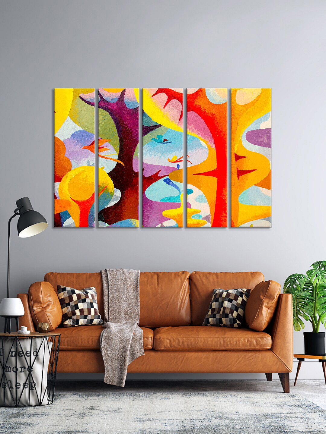 999Store Set Of 5 Yellow & Orange Abstract Tree With Birds Wall Art Frames