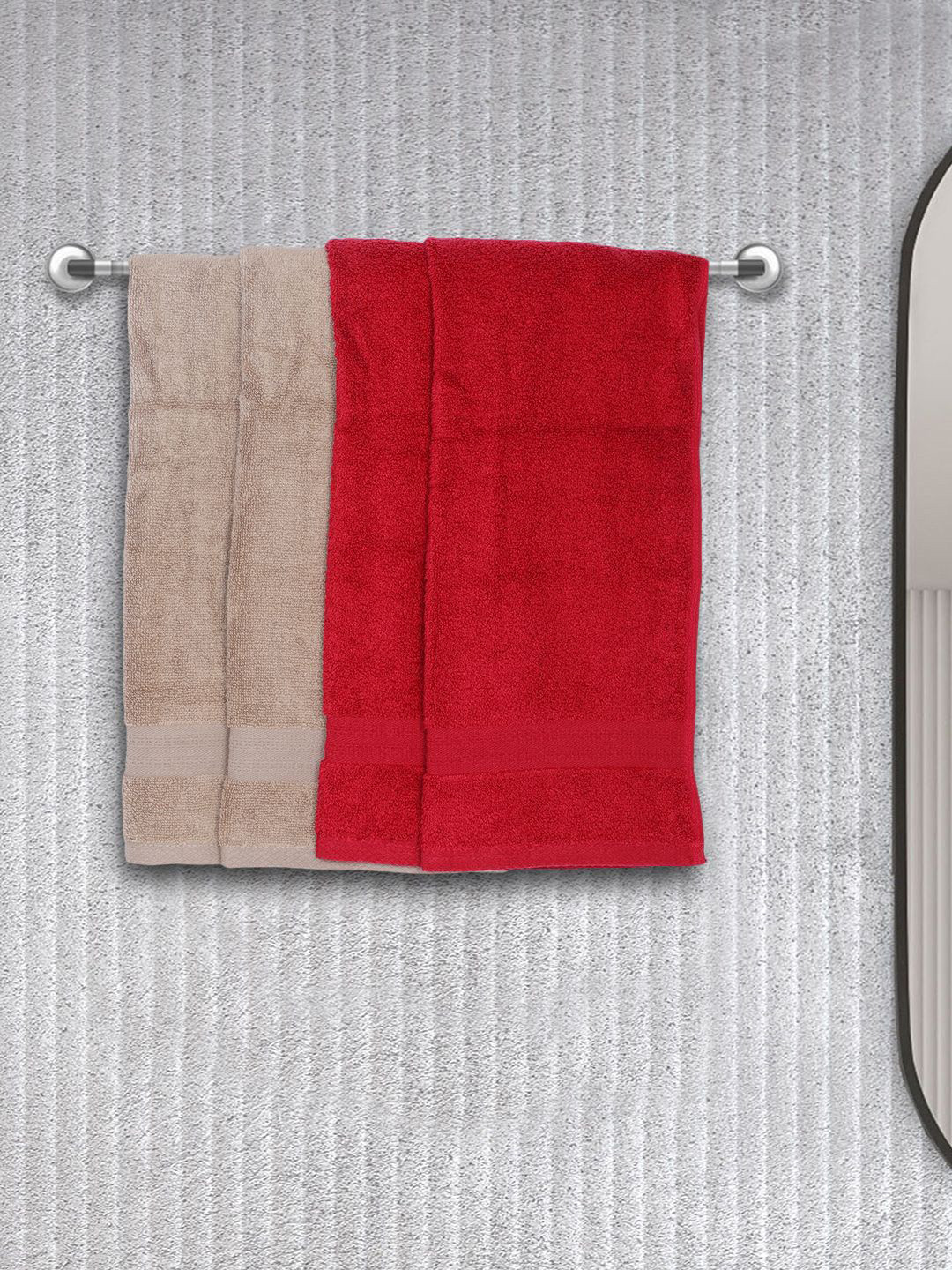 BIANCA Red & Beige Set of 4 Solid 500 GSM Cotton Hand Towels