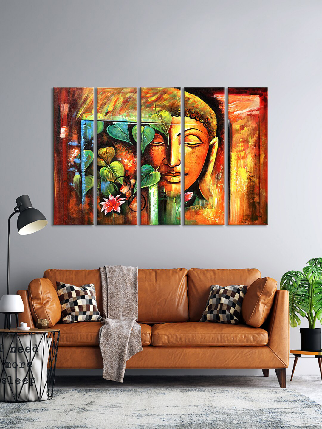 999Store Set Of 5 Yellow & Green Buddha Face With Leaves Wall Art Frames