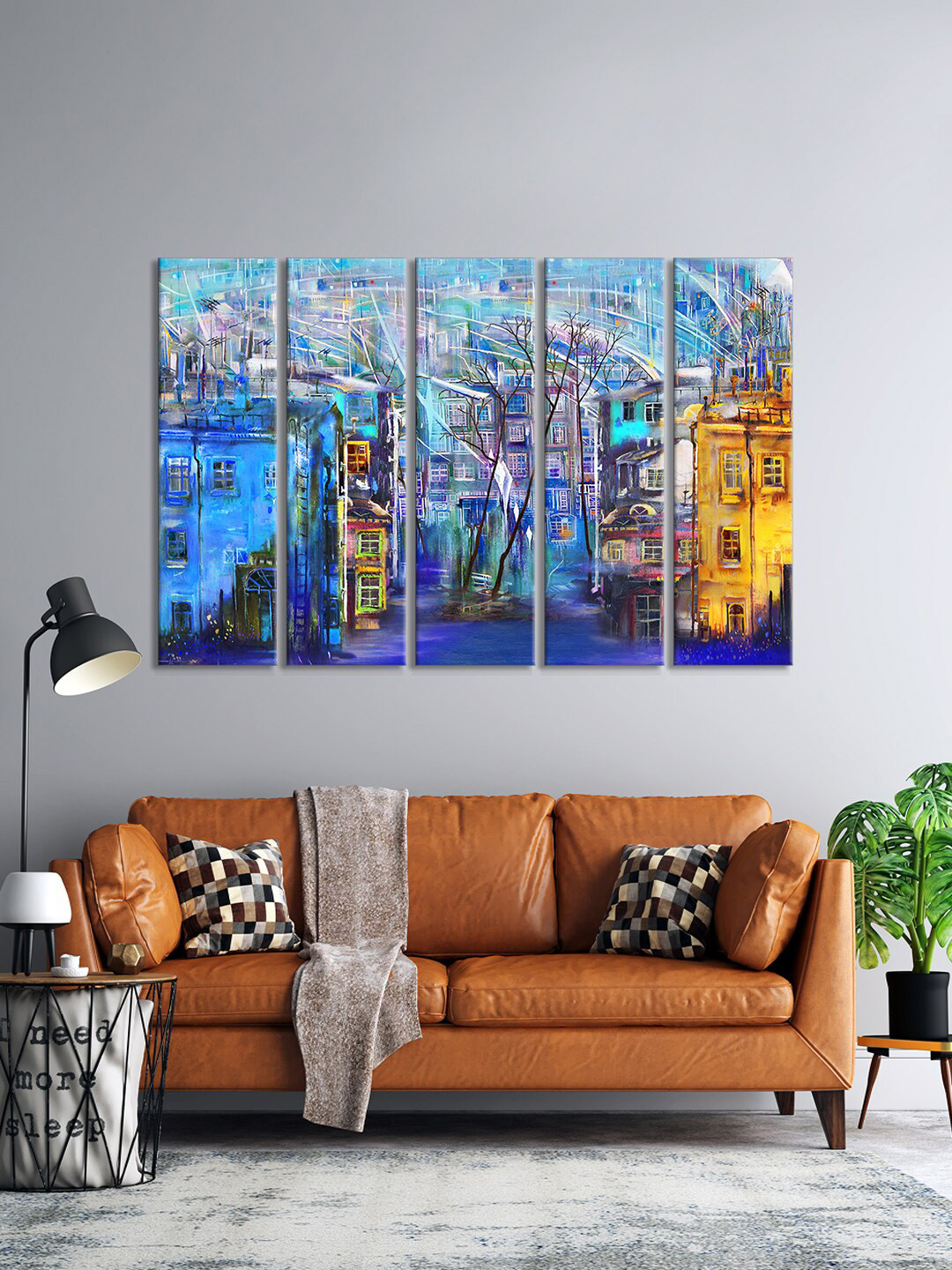 999Store Blue & Mustard Yellow 5-Pieces Beautiful Street View Wall Art Frames