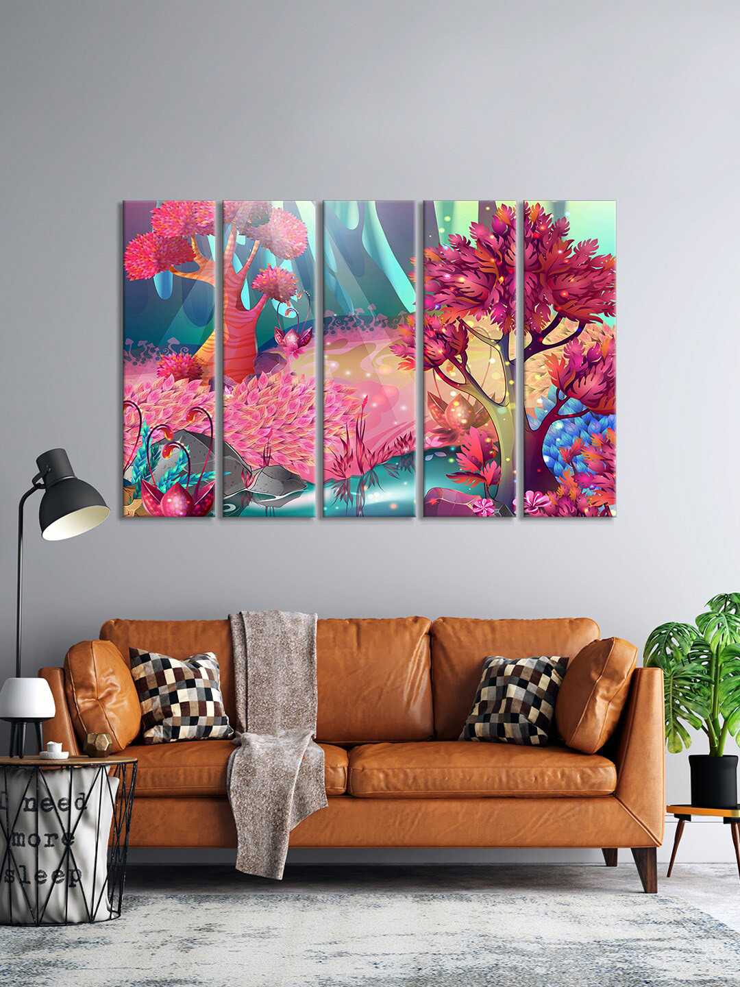 999Store Set Of 5 Pink & Blue Nature View Printed Wall Paintings