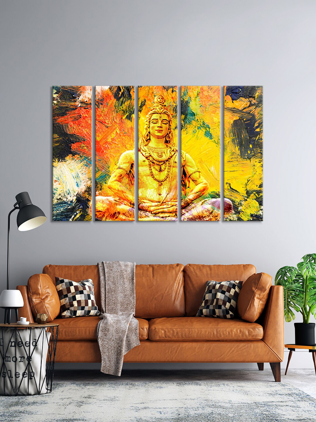 999Store Set Of 5 Yellow & Orange Sitting Lord Shiv Ji Trilokesha Abstract Wall Art Frames