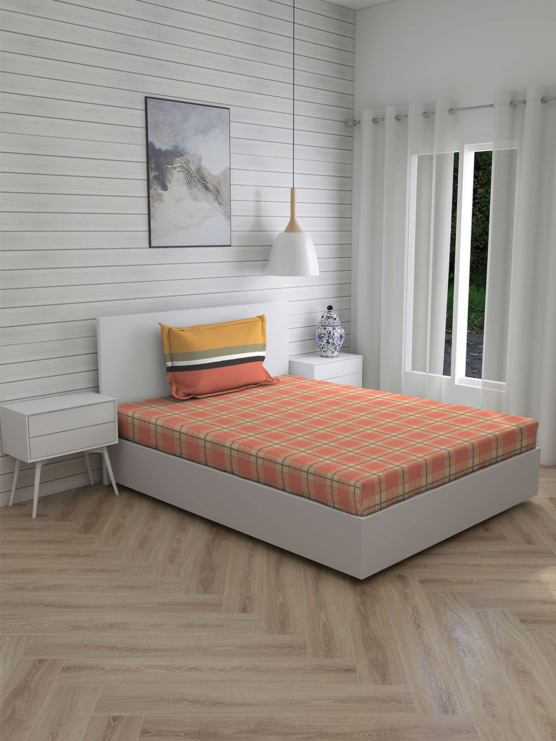 Layers Peach & Yellow Geometric 144 TC Single Bedsheet with 1 Pillow Covers