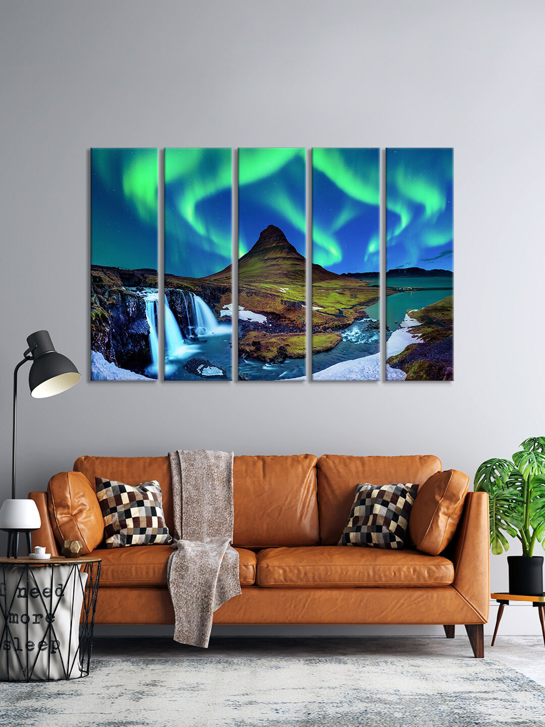 999Store Set Of 5 Blue & Green Mountain View Waterfall Printed Wall Paintings