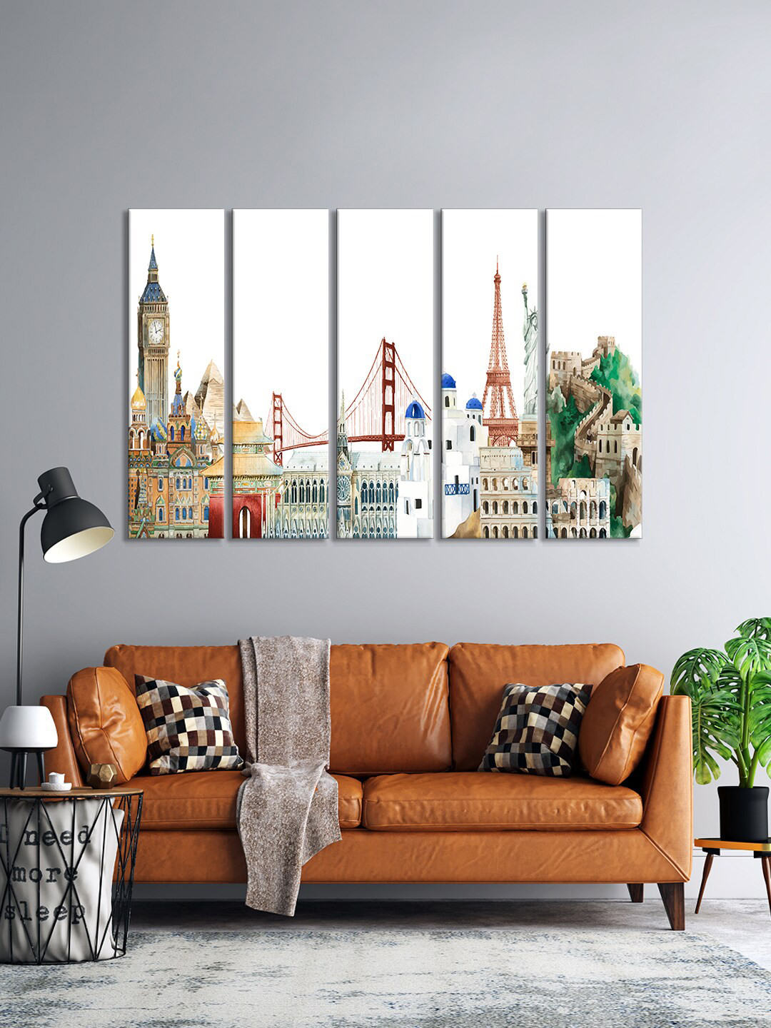 999Store Beautiful Buildings MDF 5 Piece Rectangle Paintings Wall Art-29.9 x 10.2In