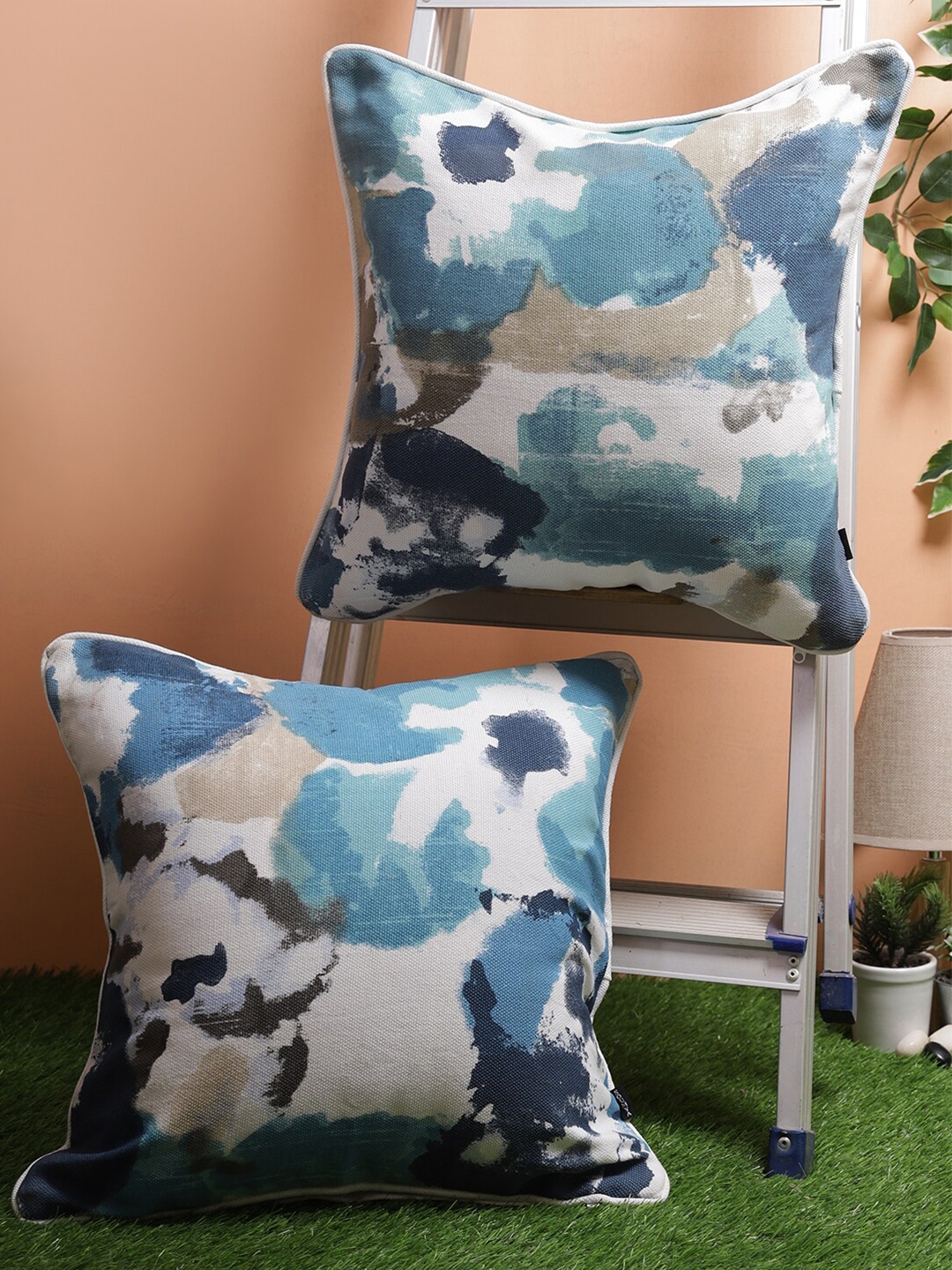 Soumya Blue & White Set of 2 Abstract Square Cotton Cushion Covers