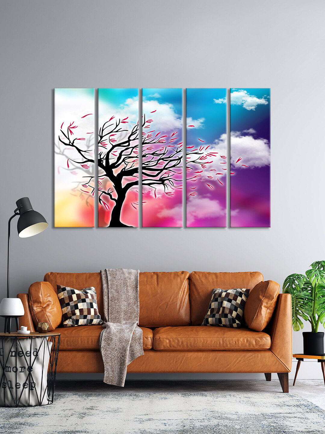 999Store Set Of 5 Pink & Blue Dry Tree Printed Wall Paintings
