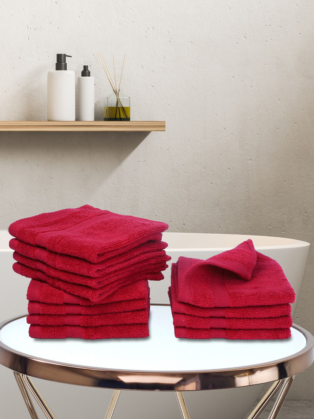 BIANCA Set Of 12 Red Solid 380 GSM Pure Combed Cotton Terry Face Towels
