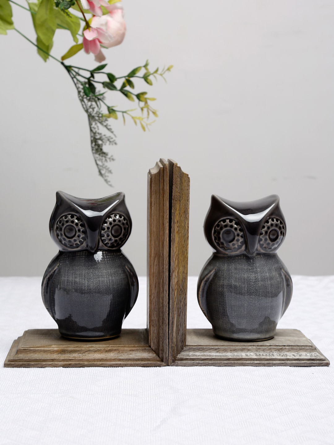 Fabindia Grey & Brown Set of 2 Mitul Glazed Owl Book Ends