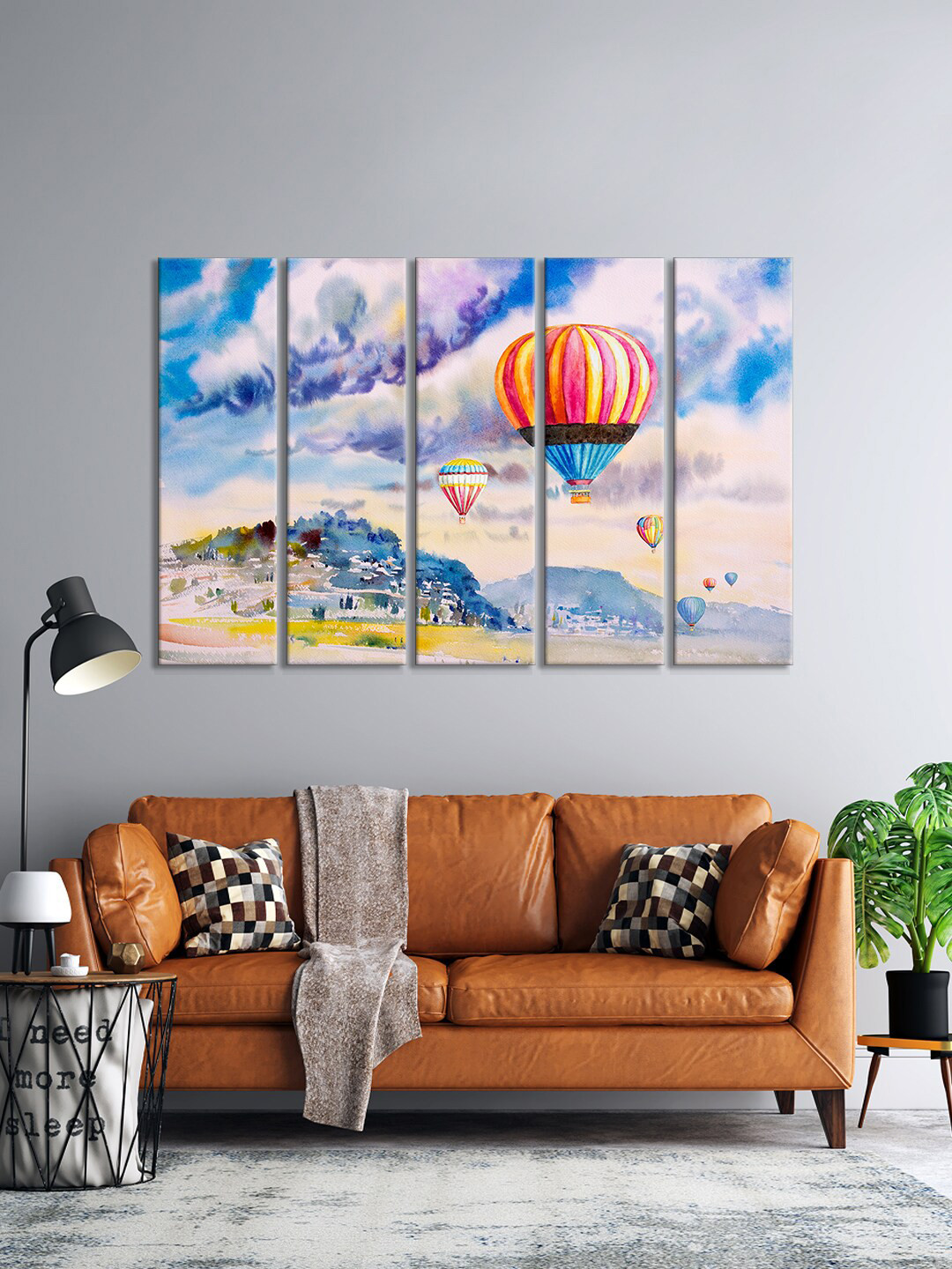 999Store Set Of 5 White & Blue Hot Air Balloon On Village Mountain View Wall Art Frames