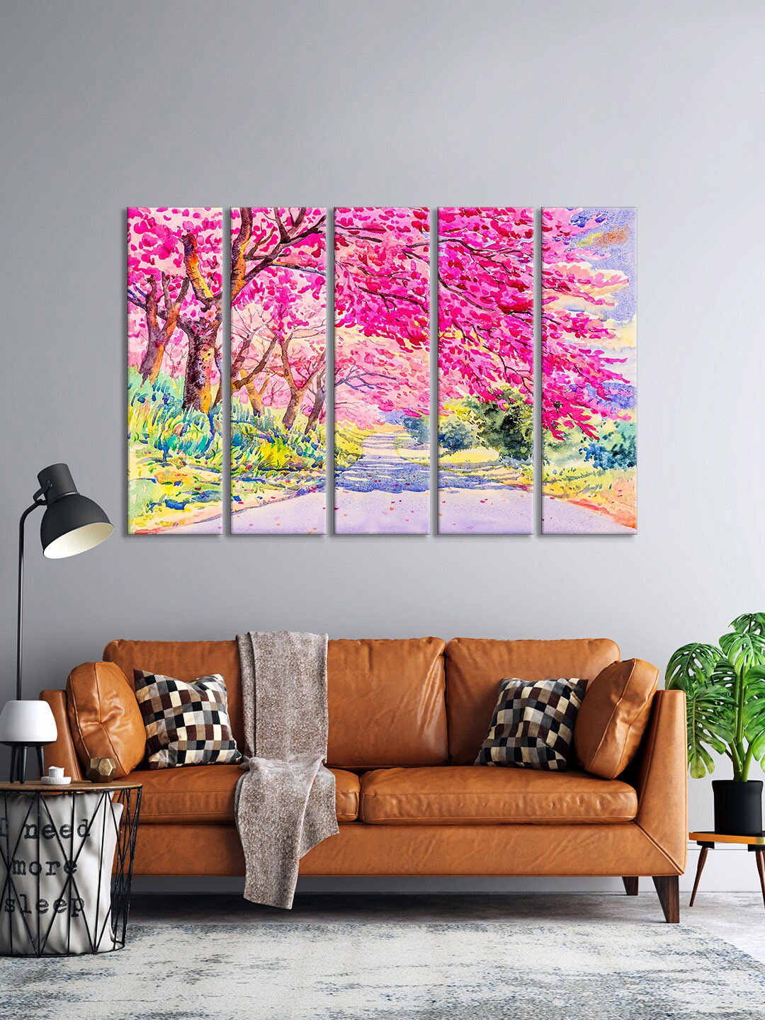 999Store Set Of 5 Pink & Purple Colorful Tree With River Nature View Item Art Wall Art Frames