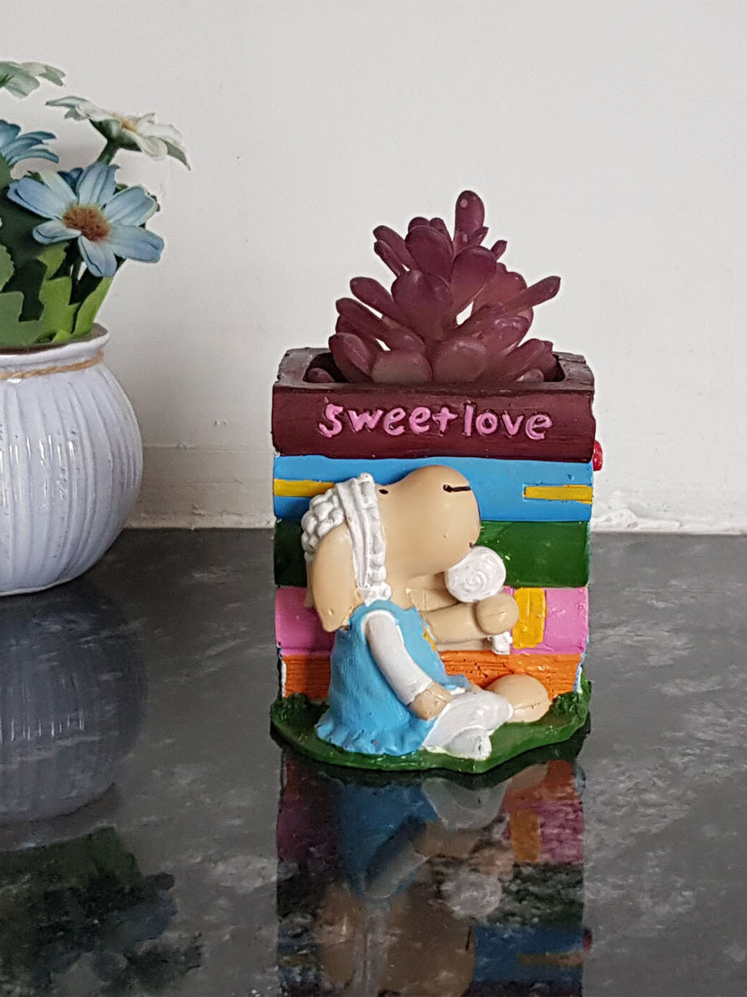 Wonderland Multicoloured Sheep With Books Succulent Resin Planter
