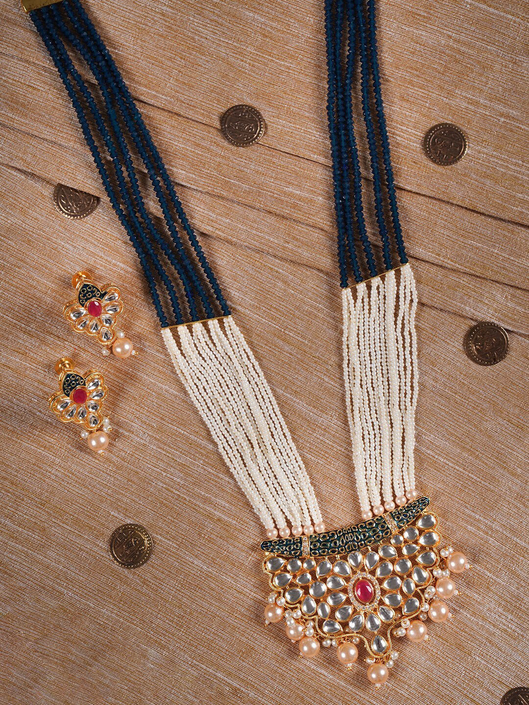Shoshaa Gold-Plated White & Navy Blue Stone-Studded & Onyx Beaded Handcrafted Jewellery Set