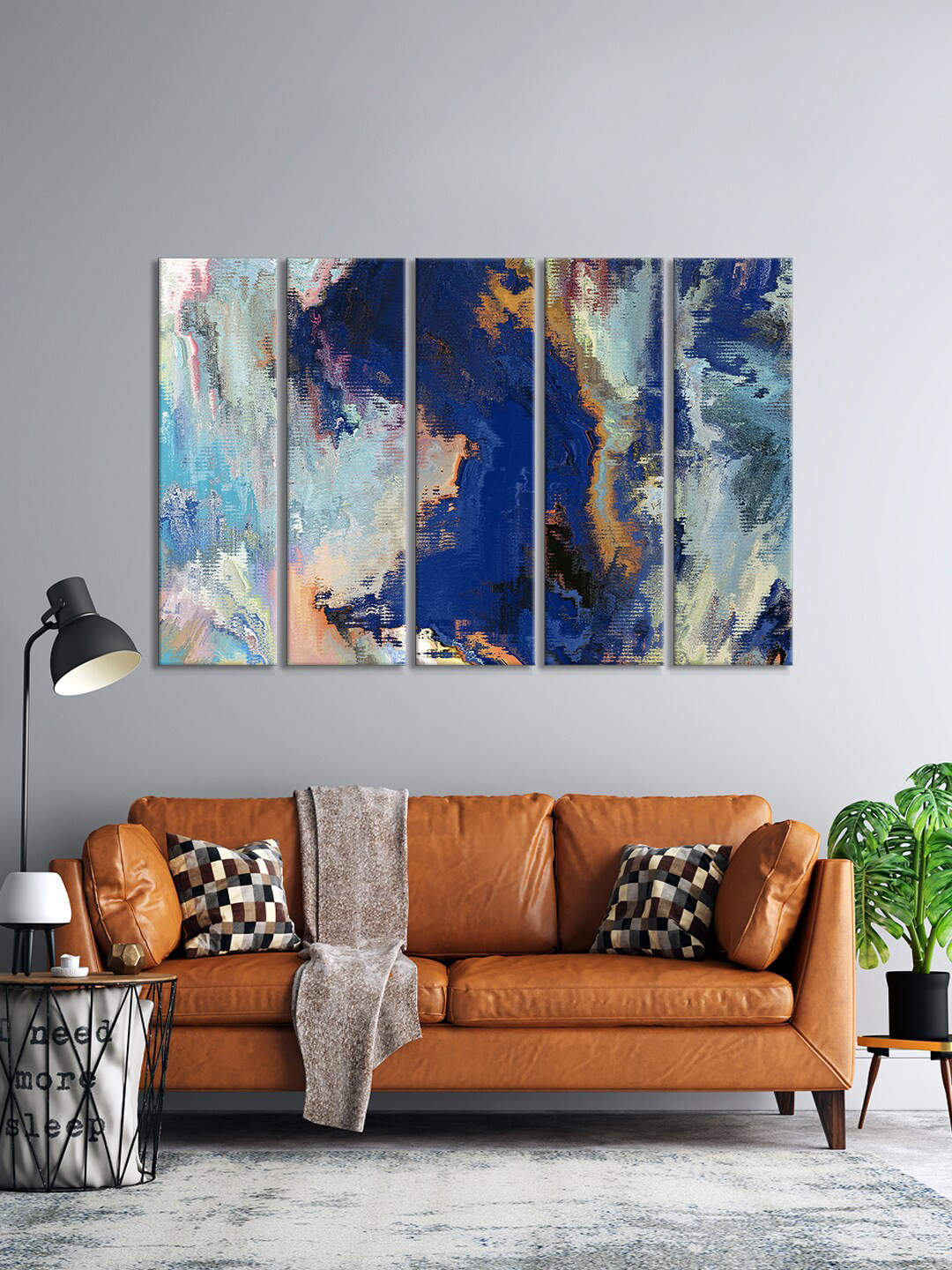 999Store Blue 5 Pcs Wall Living Room Rectangle Potrait Paintings Wall Art -29.92 x 10.24In