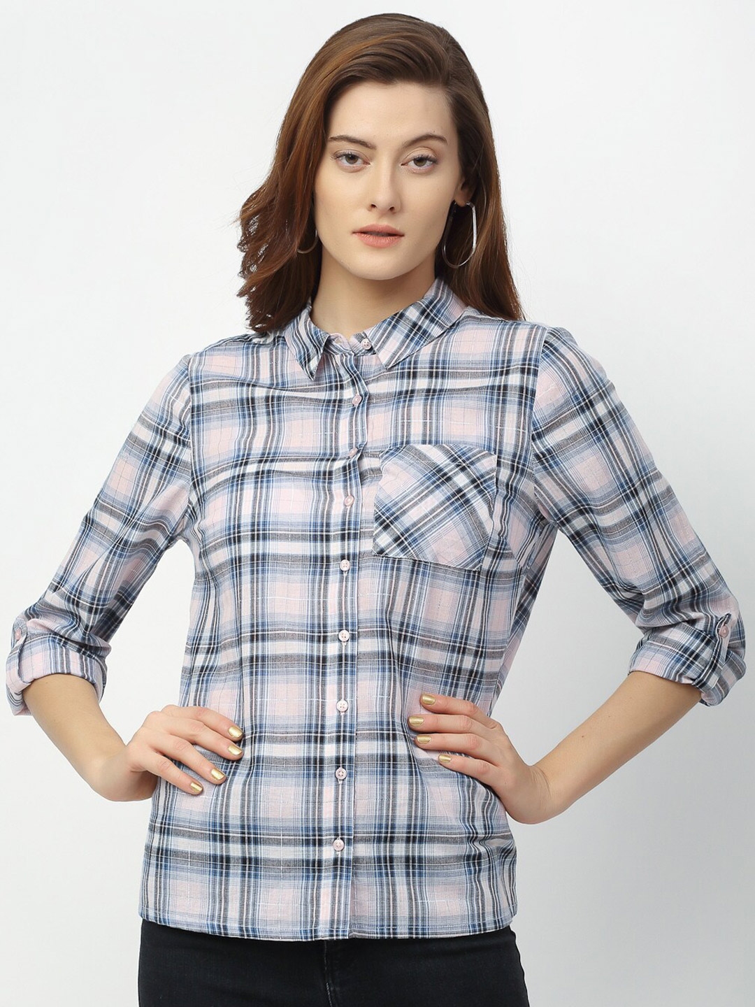 Rigo Women Blue White Checked Casual Shirt