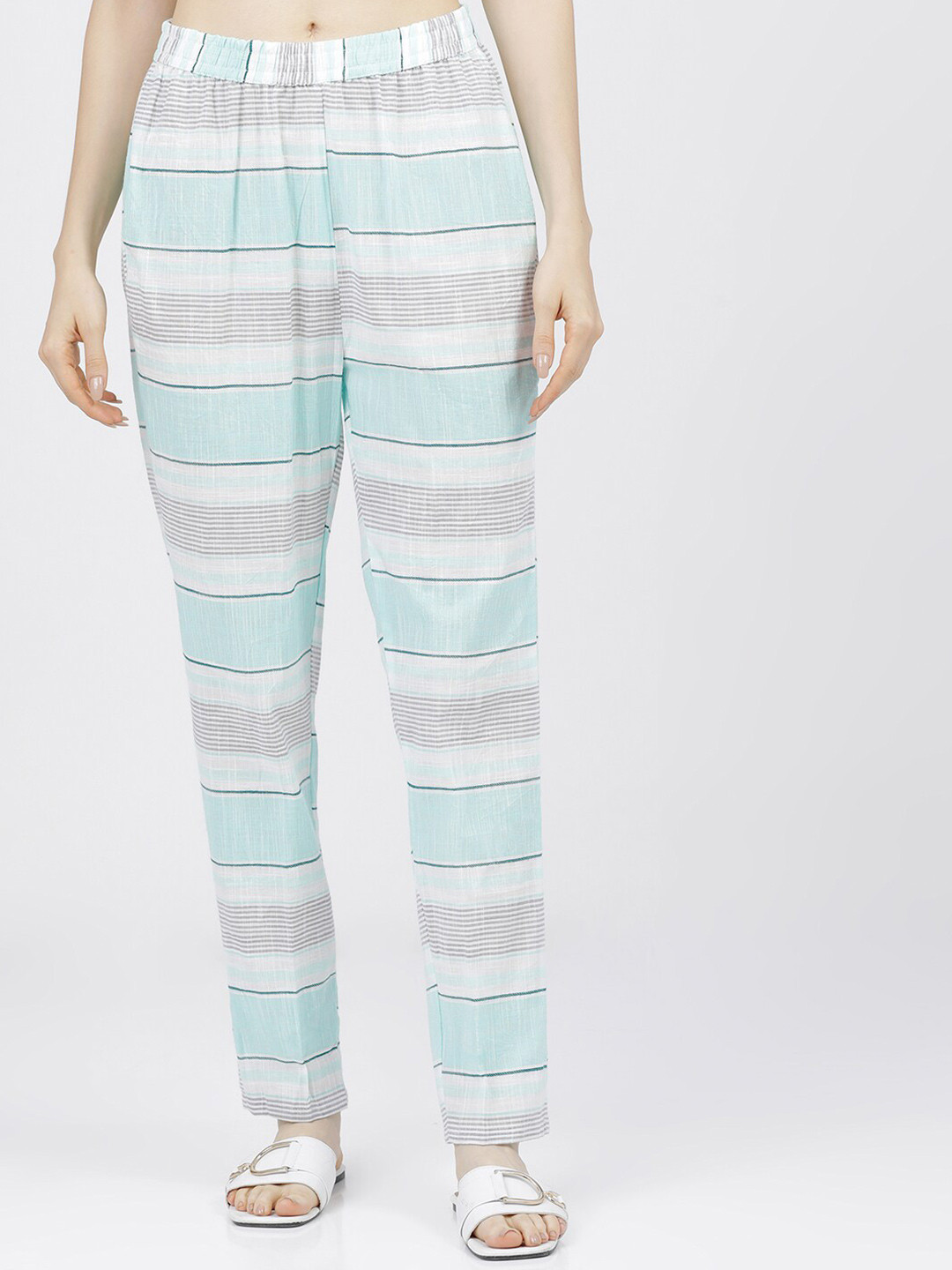 Vishudh Women Cream & Blue Striped Ethnic Palazzos