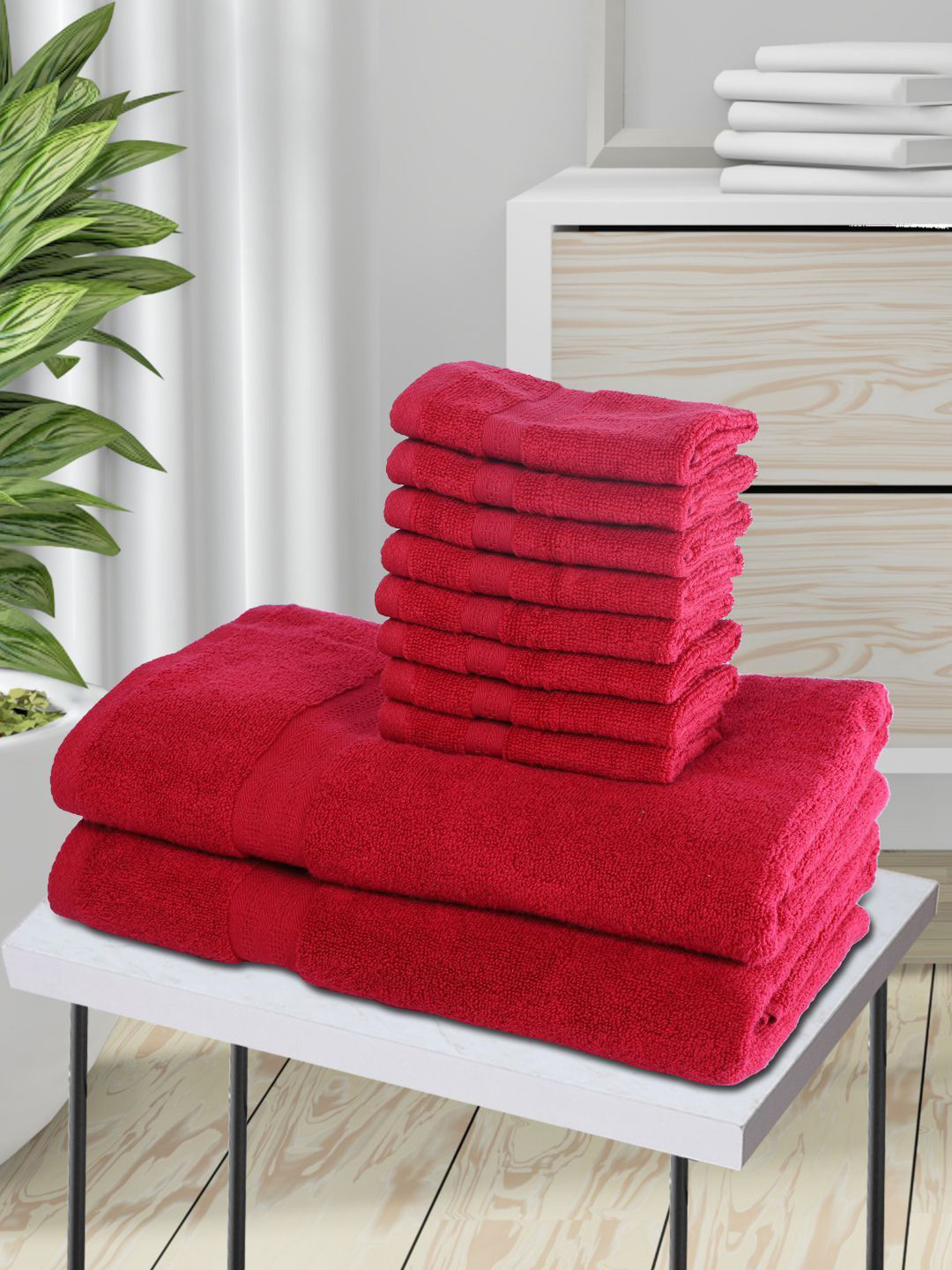 BIANCA Set Of 10 Red Solid 380 GSM Pure Combed Cotton Terry Towels