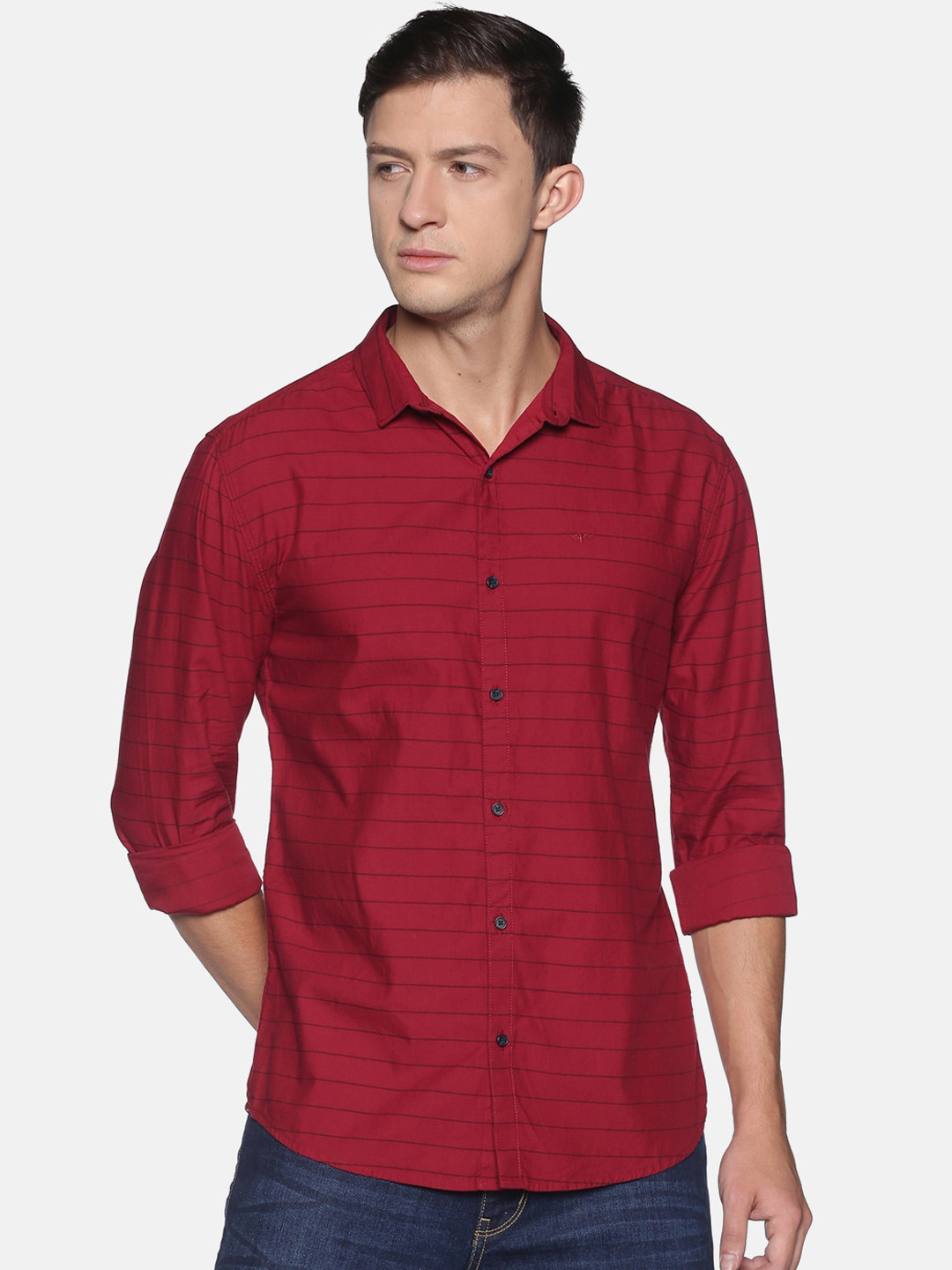 SHOWOFF Men Red Slim Fit Horizontal Striped Casual Shirt