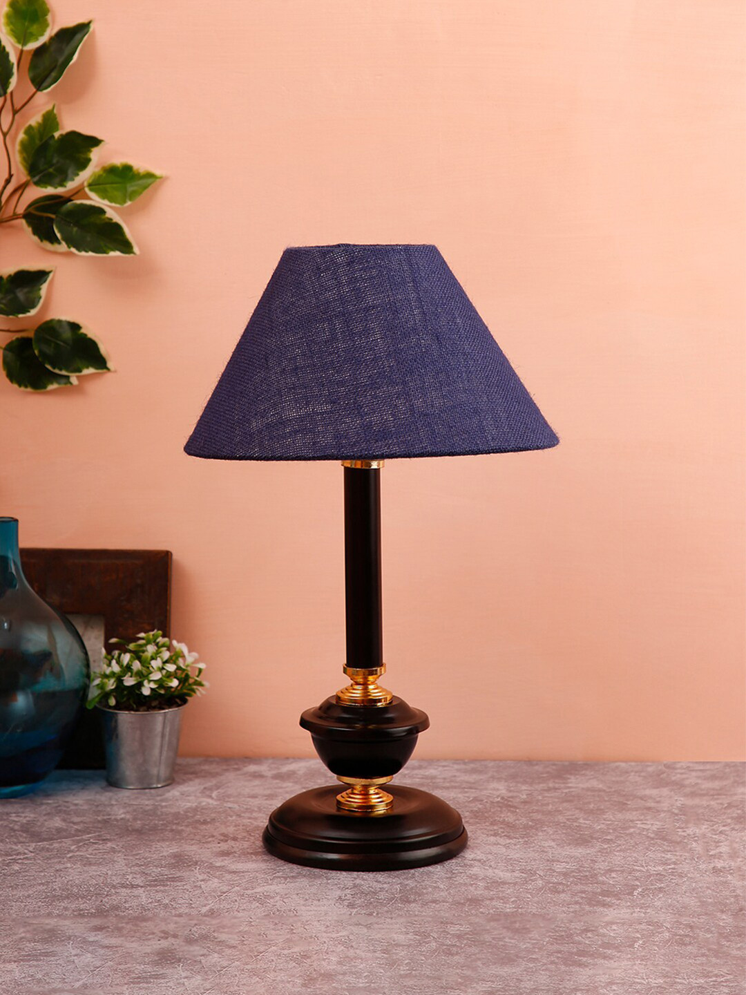 Devansh Blue & Black Textured Traditional Bedside Standard Table Lamp with Shade